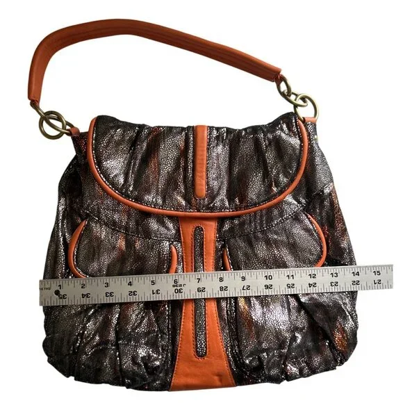 Malini Murjani Exotic Collection Leather Trim Metallic Orange Black Shoulder Bag - Picture 11 of 12